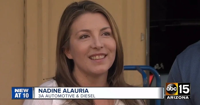 Nadine Alauria of 3A Automotive being interviewed by ABC15 Arizona about community initiatives.